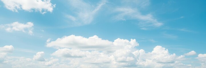 Fototapeta premium Fluffy white clouds floating in a clear blue sky on a sunny day, meteorology, background