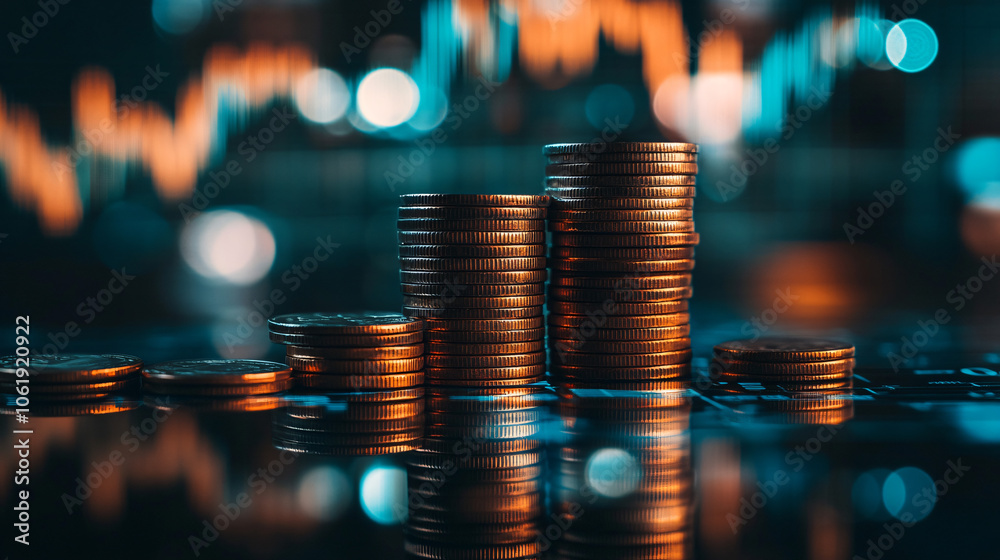 Poster the graph of increasing profits from investments is symbolized by stacks of gold coins