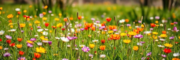 Fototapeta premium Fresh blossoming flowers in a meadow under the warm spring sun, vibrant, blooming