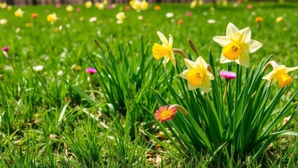 Fresh green grass and colorful daffodil flowers blooming in a vibrant spring garden, beauty, growth