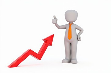 3d man red arrow success chart on white background.