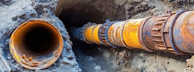 Rustic Underground Infrastructure: Exposed Water and Gas Pipes in a City Trench