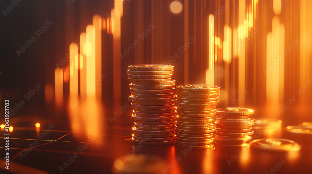 Poster gold coin stacks and growing charts symbolize increasing value and successful investments in financi