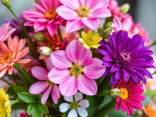 Beautiful bouquet of colorful flowers in bloom, close-up, blossoms