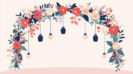 A floral arch adorned with colorful blooms and hanging lights, perfect for events or celebrations, creating a vibrant and inviting atmosphere.