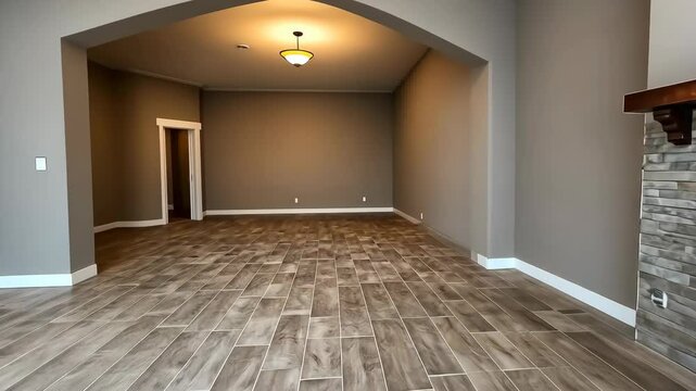 A spacious living room with light brown tile flooring and a vaulted ceiling