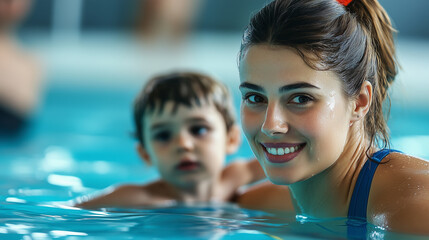 Fototapeta premium Woman swimming with her baby boy 