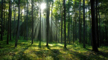 Obraz premium A serene forest scene with sunlight filtering through tall trees, creating a tranquil atmosphere and highlighting nature's beauty.