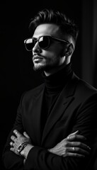 Obraz premium Stylish Portrait of Man in Sunglasses, Blazer, and Turtleneck