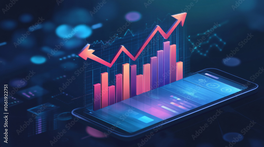 Aufkleber Smartphone is showing increasing statistics with a red arrow pointing upwards, indicating a favorable financial trend