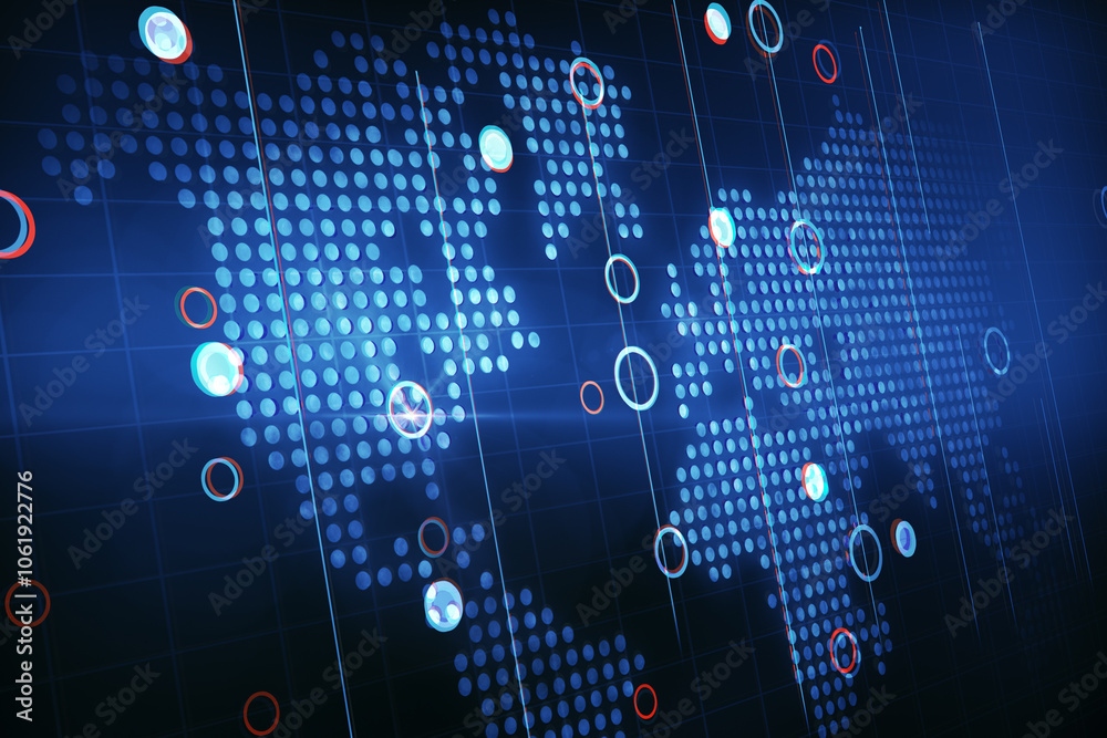 Poster Perspective view on digital world map with glowing circles and dots on dark blue background, social network concept. 3D rendering