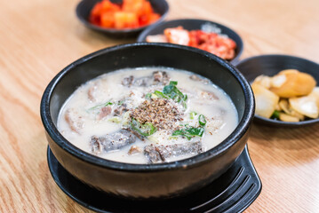 Traditional Korean Sundae Soup in a Hot Stone Bowl