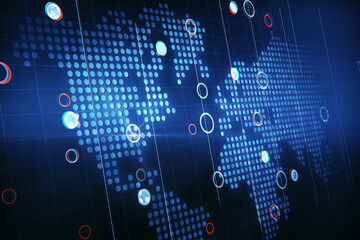 Perspective view on digital world map with glowing circles and dots on dark blue background, social network concept. 3D rendering