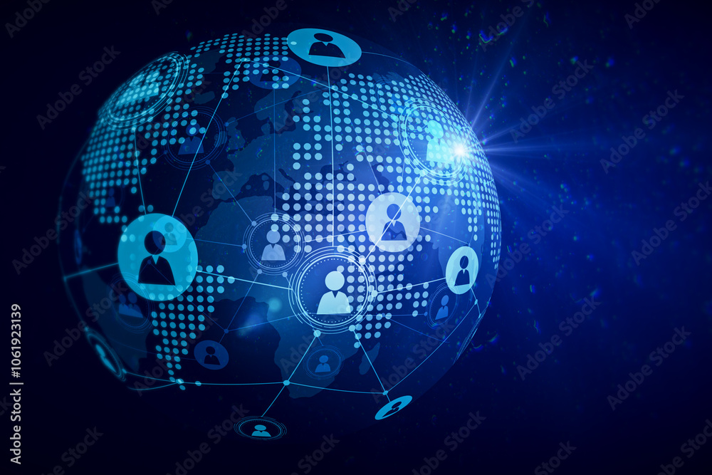 Poster Personal data and social communication concept with digital graphic user icons on world map globe on abstract dark blue background. 3D rendering