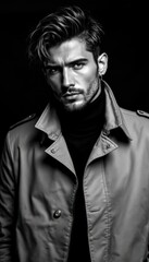 Fototapeta premium Intense Portrait of Man in Trench Coat and Turtleneck