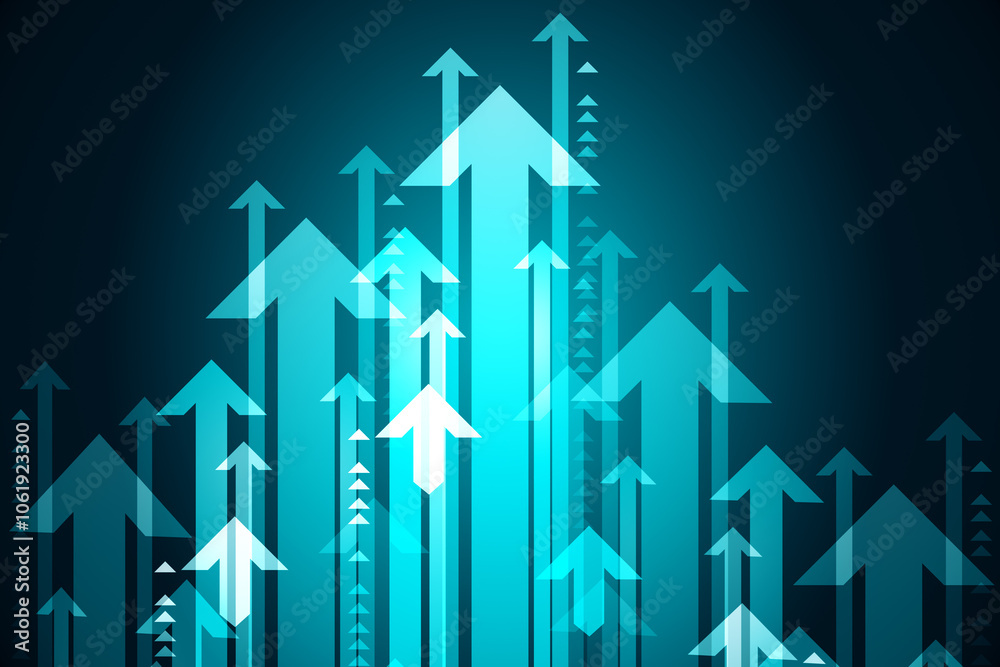 Poster Growth and success concept with lots of blue digital graphic vertical striving up arrows in form of pyramid. 3D rendering