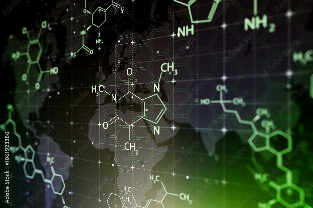 Poster Environment, education and science concept with perspective view on white chemical molecule formulas on dark background with hexagon world map. 3D rendering