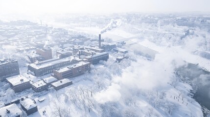 Winter Wonderland: Aerial View of Snowy City with Intricate Rooftops and Frozen River