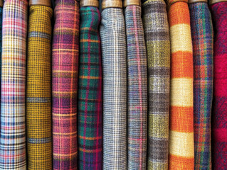 Neatly folded plaid fabrics in vibrant colors fill a textile shop with textures and patterns