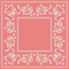 Print for kerchief, bandana, scarf, handkerchief, shawl, neck scarf. Squared pattern with ornament for fabric, textile, silk products. Paisley vector with abstract flowers. Floral folk tracery