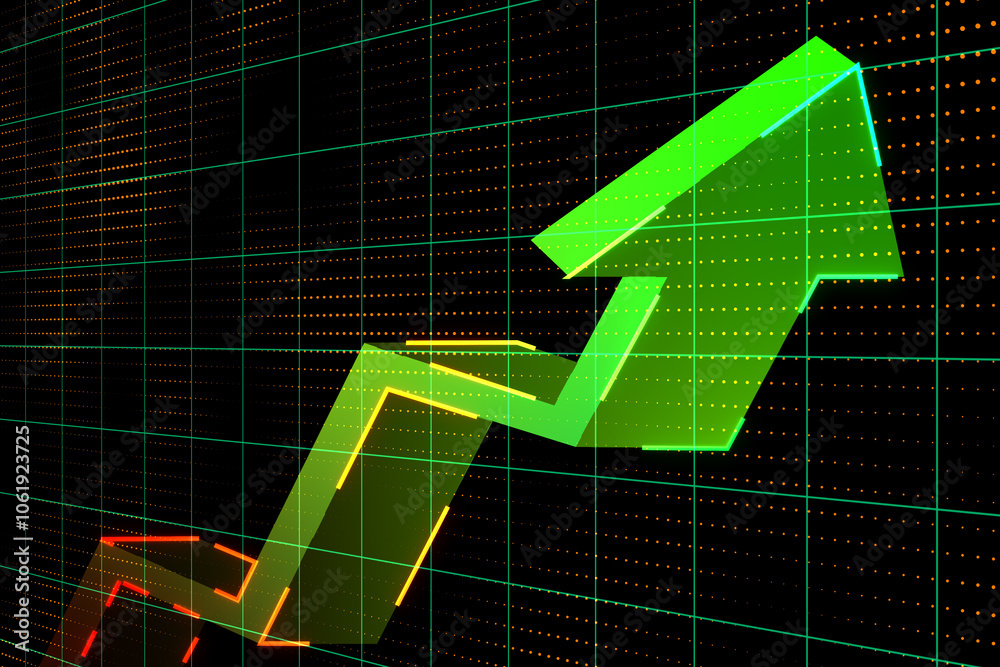 Poster Growth and success concept with perspective view on digital graphic green arrow moving up on dark technological squared background. 3D rendering