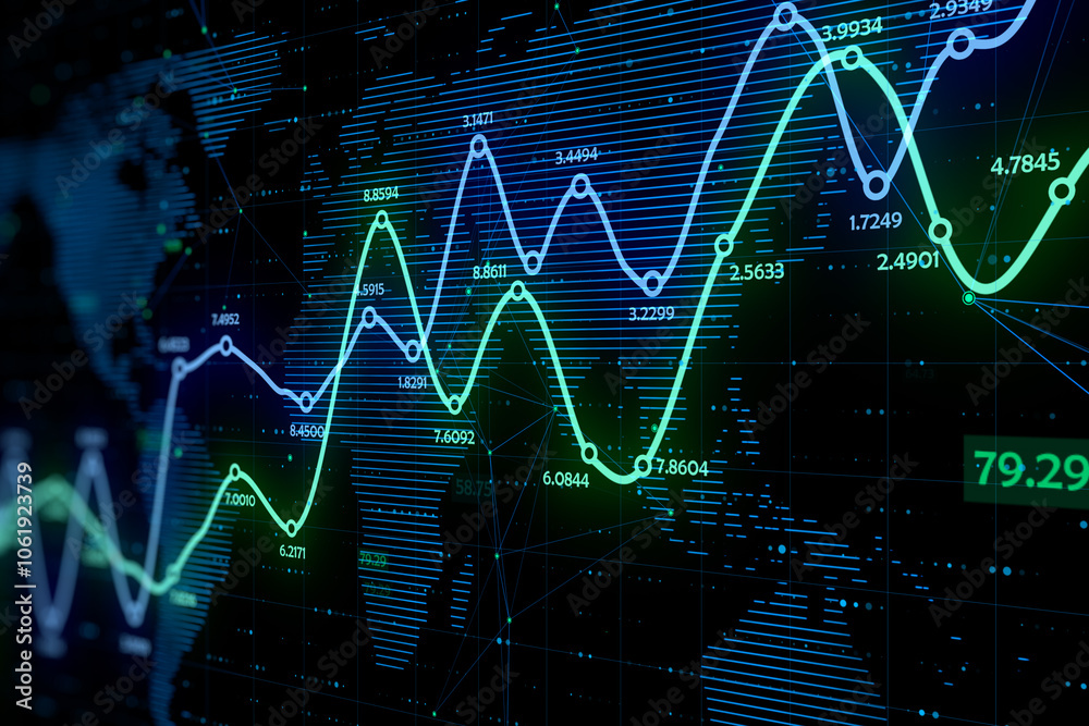 Poster international trading and investment concept with perspective view on digital bright green and blue 
