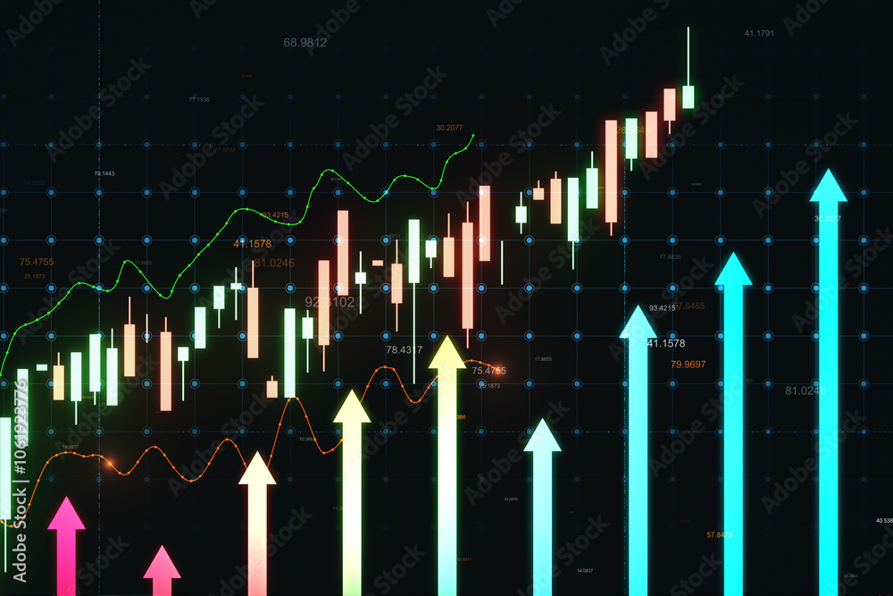 Fototapete Trading and forex market growth concept with vertical digital arrows on dark trader dotted screen background with rising candlestick and financial chart indicators. 3D rendering