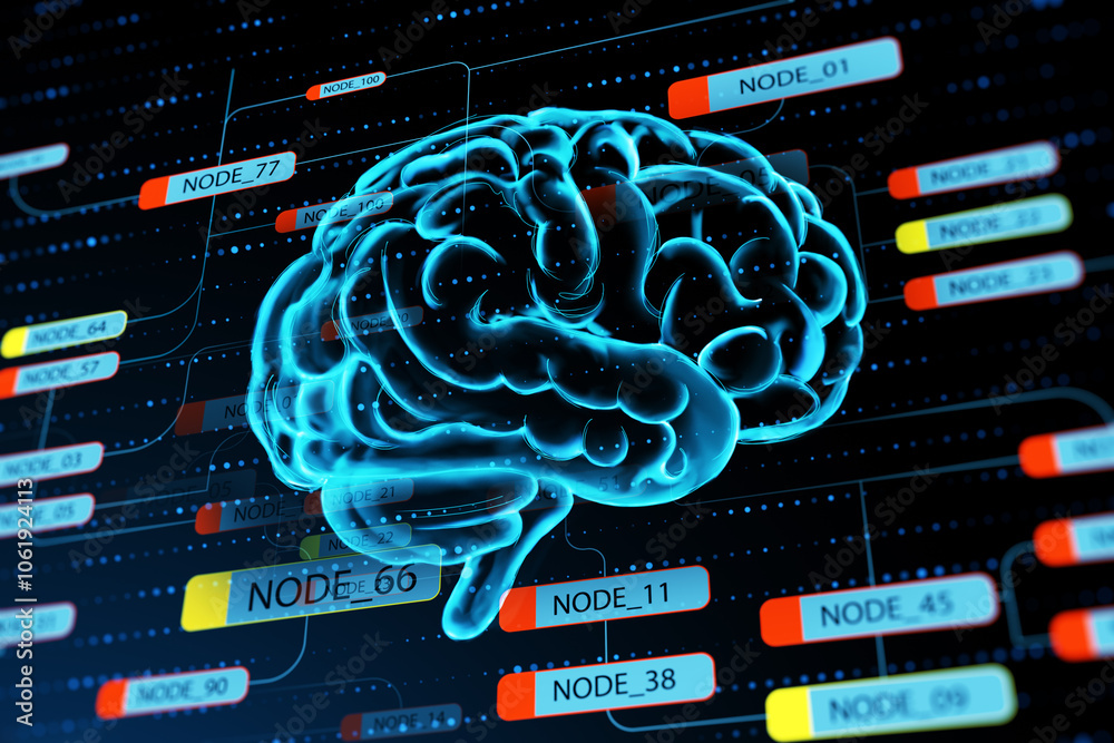 Aufkleber Development, education and technologies concept with digital human brain on dark background with node signs. 3D rendering