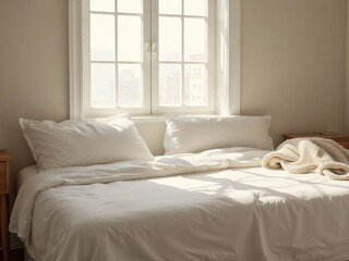 Sunlit Cozy Bedroom Interior with Rumpled White Bedding