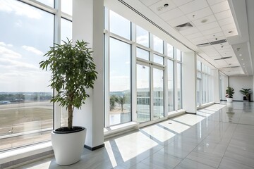 Fototapeta premium Bright, minimalist interior with floor-to-ceiling windows and a potted plant in a modern space