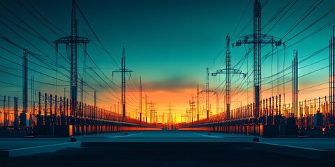 Power Lines and Transmission Towers at Sunset