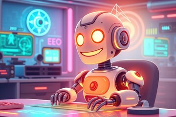 Robot Working at a Futuristic Desk