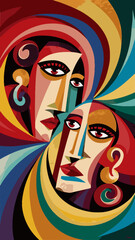 Fototapeta premium Two womens faces in a stylized abstract style, vibrant colors and geometric shapes