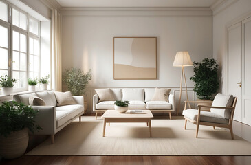 Fototapeta premium 3d interior of a Japandi style interior living room a design with simplicity, natural elements, and minimalism