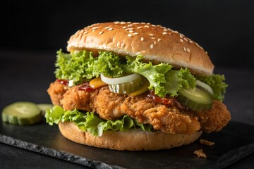 Delicious crispy chicken burger with lettuce, pickles, and sesame seed bun on a black background.