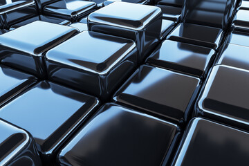 Abstract dark smooth cubes on different levels with reflection background. 3D rendering