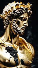 shattered divine luxury golden porcelain Michel Angelo statue of a Greek god made of black dark marble, broken and shattered statue, broken statue, Greek gods, mythology, Bodybuilding Motivation