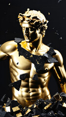 shattered divine luxury golden porcelain Michel Angelo statue of a Greek god made of black dark marble, broken and shattered statue, broken statue, Greek gods, mythology, Bodybuilding Motivation