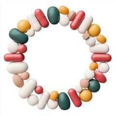 A circular arrangement of colorful pills and capsules, showcasing various shapes and sizes, representing health and wellness.