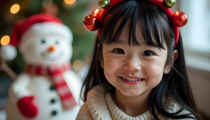 Little Asian girl wearing a Christmas-themed headband and blurred snowman decoration for copy space
