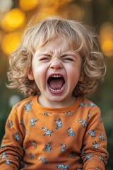 Young Child Surprised Outside with Red Dinosaur Top.