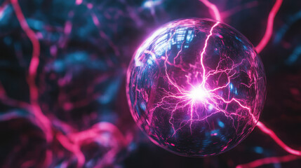 Electric energy dance in a vibrant plasma orb illuminated by neon lights in a dark environment