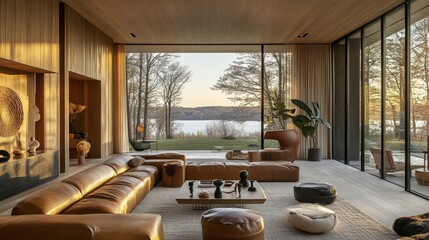 Modern Living Room with Scenic Lake View