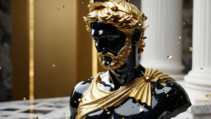 shattered divine luxury golden porcelain Michel Angelo statue of a Greek god made of black dark marble, broken and shattered statue, broken statue, Greek gods, mythology, Bodybuilding Motivation