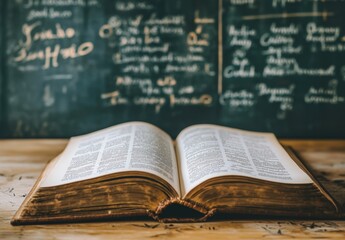 Obraz premium open book on wooden table with chalkboard background