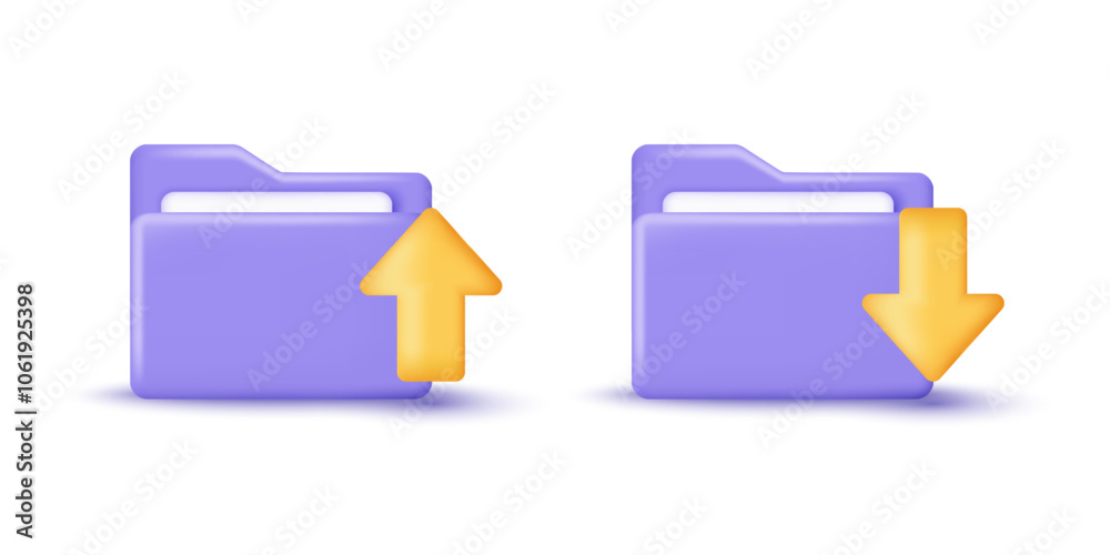 Poster 3D Document upload and download icon. Data upload and download arrow symbols, Cloud and storage backup. 3D object on isolated vector render background.