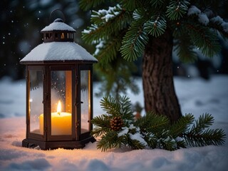 Christmas lantern in snow with fir tree branch. Winter cozy scene. AI generated.