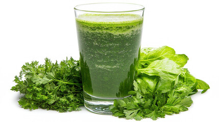 Fresh green smoothie in a glass surrounded by leafy greens on a white background, offering a healthy and nutritious beverage choice.