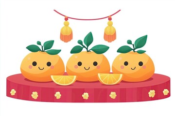 Naklejka premium Cute cartoon oranges with smiling faces on decorative platform