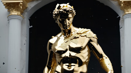 Obraz premium shattered divine luxury golden porcelain Michel Angelo statue of a Greek god made of black dark marble, broken and shattered statue, broken statue, Greek gods, mythology, Bodybuilding Motivation